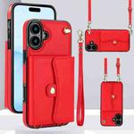 For iPhone 16 Plus RFID Card Slot Phone Case with Long Lanyard(Red)