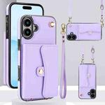 For iPhone 16 RFID Card Slot Phone Case with Long Lanyard(Purple)