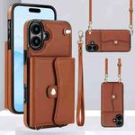 For iPhone 16 RFID Card Slot Phone Case with Long Lanyard(Brown)