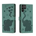 For Samsung Galaxy S22 Ultra 5G Cartoon Elephant Embossed Leather Phone Case(Green)