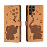 For Samsung Galaxy S22 Ultra 5G Cartoon Elephant Embossed Leather Phone Case(Yellow)