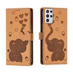 For Samsung Galaxy S21 Ultra 5G Cartoon Elephant Embossed Leather Phone Case(Yellow)