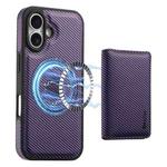 For iPhone 16 Denior Carbon Fiber Texture Leather Card Bag MagSafe Phone Case(Purple)