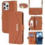 For iPhone 16 Pro Max Cross Texture Crossbody Lanyard Leather Phone Case(Brown)