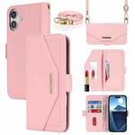 For iPhone 16 Cross Texture Crossbody Lanyard Leather Phone Case(Pink)