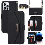 For iPhone 15 Pro Max Cross Texture Crossbody Lanyard Leather Phone Case(Black)