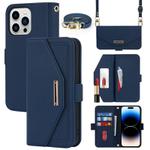 For iPhone 15 Pro Max Cross Texture Crossbody Lanyard Leather Phone Case(Blue)