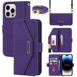 For iPhone 15 Pro Max Cross Texture Crossbody Lanyard Leather Phone Case(Purple)