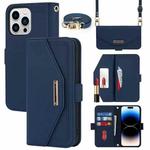 For iPhone 15 Pro Cross Texture Crossbody Lanyard Leather Phone Case(Blue)