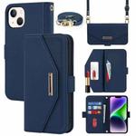 For iPhone 15 Plus Cross Texture Crossbody Lanyard Leather Phone Case(Blue)