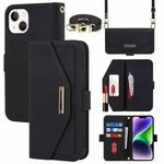 For iPhone 15 Cross Texture Crossbody Lanyard Leather Phone Case(Black)