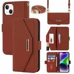 For iPhone 15 Cross Texture Crossbody Lanyard Leather Phone Case(Brown)