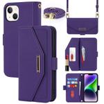 For iPhone 15 Cross Texture Crossbody Lanyard Leather Phone Case(Purple)