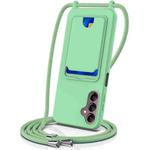 For Samsung Galaxy S24 FE 5G Integrated Card Bag Solid Color Liquid Silicone Phone Case with Lanyard(Green)