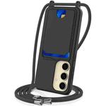 For Samsung Galaxy S25 5G Integrated Card Bag Solid Color Liquid Silicone Phone Case with Lanyard(Black)