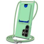 For Samsung Galaxy S25 Ultra 5G Integrated Card Bag Solid Color Liquid Silicone Phone Case with Lanyard(Green)