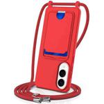 For Samsung Galaxy S25 Edge 5G Integrated Card Bag Solid Color Liquid Silicone Phone Case with Lanyard(Red)