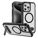 For iPhone 15 Pro Guard MagSafe Holder Matte PC Hybrid TPU Phone Case(Black Transparent)