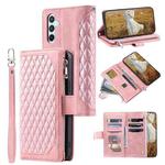 For Samsung Galaxy S25+ 5G Grid Texture Zipper Leather Phone Case with Lanyard(Rose Gold)