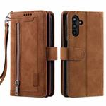 For Samsung Galaxy S25+ 5G Nine Card Zipper Bag Leather Phone Case with Lanyard(Brown)