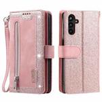 For Samsung Galaxy S25+ 5G Nine Card Zipper Bag Leather Phone Case with Lanyard(Pink)