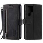 For Samsung Galaxy S25 Ultra 5G Nine Card Zipper Bag Leather Phone Case with Lanyard(Black)