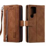 For Samsung Galaxy S25 Ultra 5G Nine Card Zipper Bag Leather Phone Case with Lanyard(Brown)