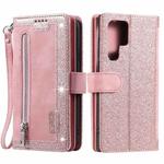 For Samsung Galaxy S25 Ultra 5G Nine Card Zipper Bag Leather Phone Case with Lanyard(Pink)