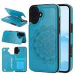 For iPhone 16 Double Buckle Mandala Leather Wallet Back Cover Phone Case(Blue)