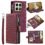 For Xiaomi 14T Grid Texture Zipper Leather Phone Case with Lanyard(Wine Red)