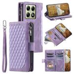 For Xiaomi 14T Pro Grid Texture Zipper Leather Phone Case with Lanyard(Purple)