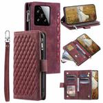 For Xiaomi 15 Grid Texture Zipper Leather Phone Case with Lanyard(Wine Red)