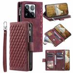 For Xiaomi 15 Pro Grid Texture Zipper Leather Phone Case with Lanyard(Wine Red)