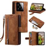 For Xiaomi 15 Nine Card Zipper Bag Leather Phone Case with Lanyard(Brown)