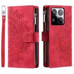 For Xiaomi 15 Pro Multi-Card Totem Zipper Leather Phone Case(Red)