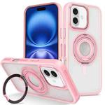 For iPhone 16 Plus Skin Feel Transparent 360 Degree Rotating Silicone Ring Holder Phone Case(Pink)