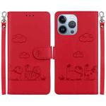 For iPhone 15 Pro Cute Cats RFID Leather Phone Case(Red)