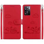 For OPPO A57 5G / A77 5G Cute Cats RFID Leather Phone Case(Red)