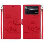 For Xiaomi Poco X4 Pro 5G Cute Cats RFID Leather Phone Case(Red)