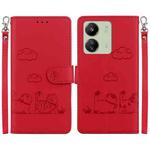 For Redmi 13C 4G / 5G Cute Cats RFID Leather Phone Case(Red)