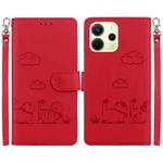 For Redmi Note 14 4G 163.25mm Cute Cats RFID Leather Phone Case(Red)
