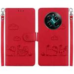 For Realme 12+ Cute Cats RFID Leather Phone Case(Red)