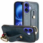 For iPhone 16 Plus Wristband Leather Back Phone Case(Blue)