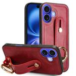 For iPhone 16 Wristband Leather Back Phone Case(Red)