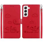 For Samsung Galaxy S22+ 5G Cute Cats RFID Leather Phone Case(Red)