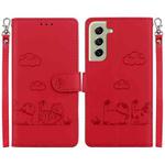 For Samsung Galaxy S21+ 5G Cute Cats RFID Leather Phone Case(Red)
