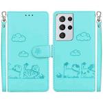 For Samsung Galaxy S21 Ultra 5G Cute Cats RFID Leather Phone Case(Green)