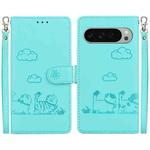 For Google Pixel 9 / 9 Pro Cute Cats RFID Leather Phone Case(Green)