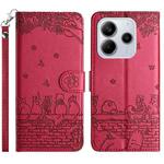 For Redmi Note 14 4G 163.25mm Cat Embossing Pattern Leather Phone Case with Lanyard(Red)