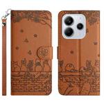 For Redmi Note 14 4G 163.25mm Cat Embossing Pattern Leather Phone Case with Lanyard(Brown)